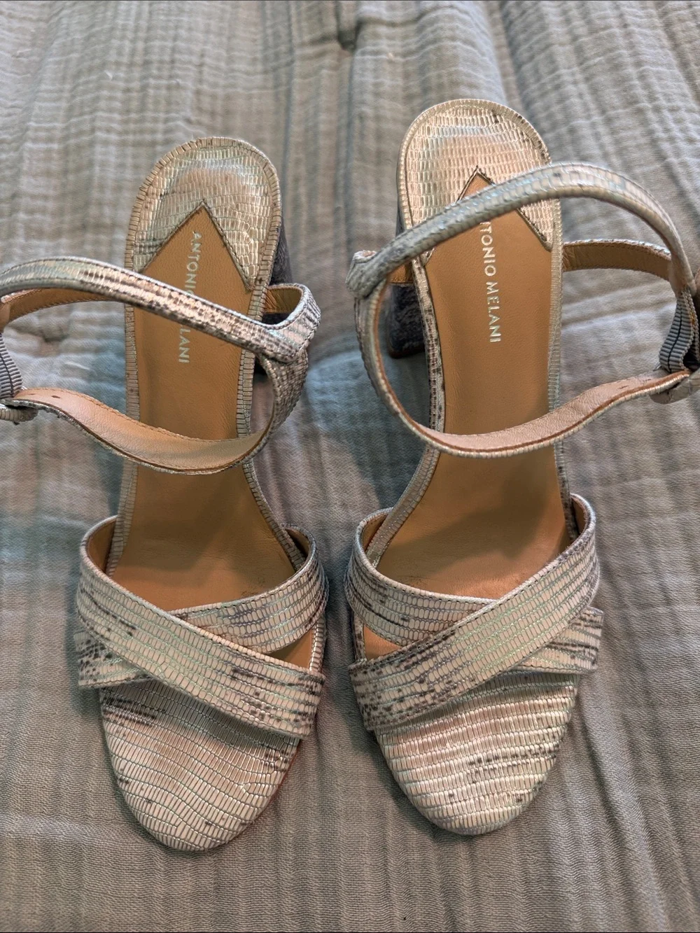 ANTONIO MELANI Iridescent Silver-Strap Block Heel Sandals